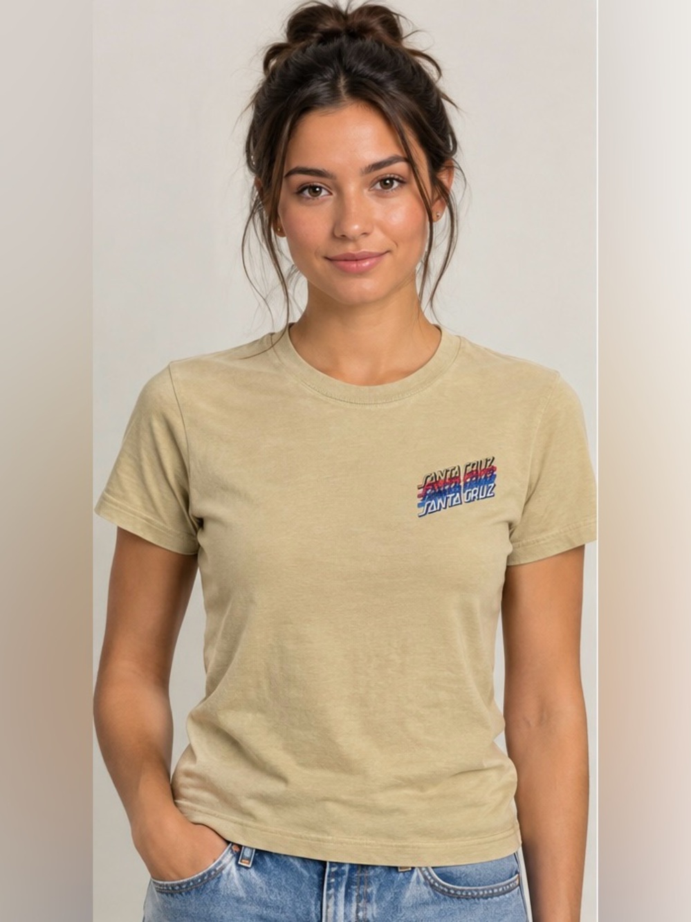 NWT Santa Cruz Skateboards Logo Tee - Light Beige/Tan with Blue/Red Accent